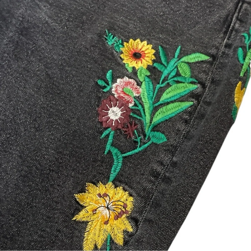 H&M Embroidered Floral Black Washed Denim Girlfriend Fit Jeans - Picture 5 of 12